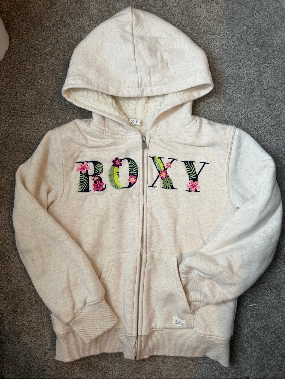 Roxy Cream Zip Hoodie with Floral Tropical Logo